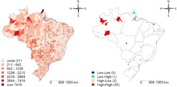 The map, in red, shows the rate of Covid-19 cases in Brazilian municipalities among pregnant and postpartum women (Photo: Victor Santana Santos et.al)