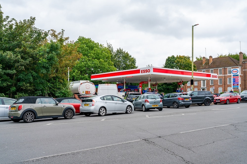 Traffic jam at a gas station in London, England