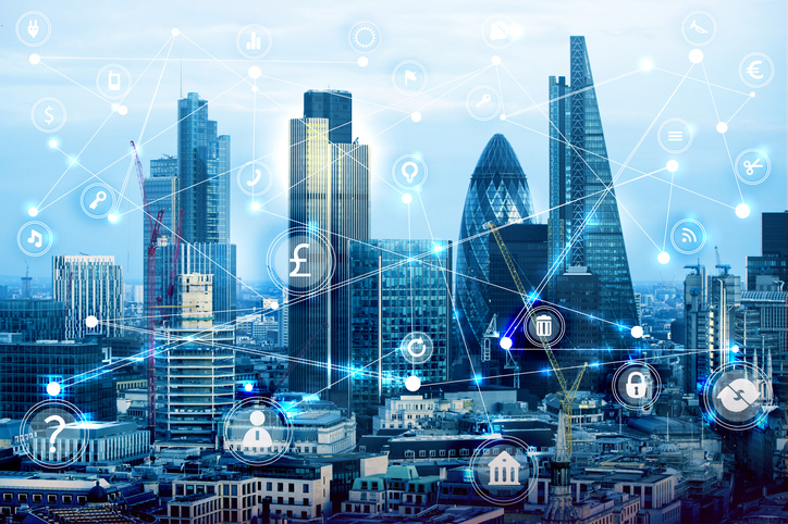 City of London at sunset and illustrate the concept of business network connections with a lot of business icons.  The idea of ​​technology, transformation and innovation.